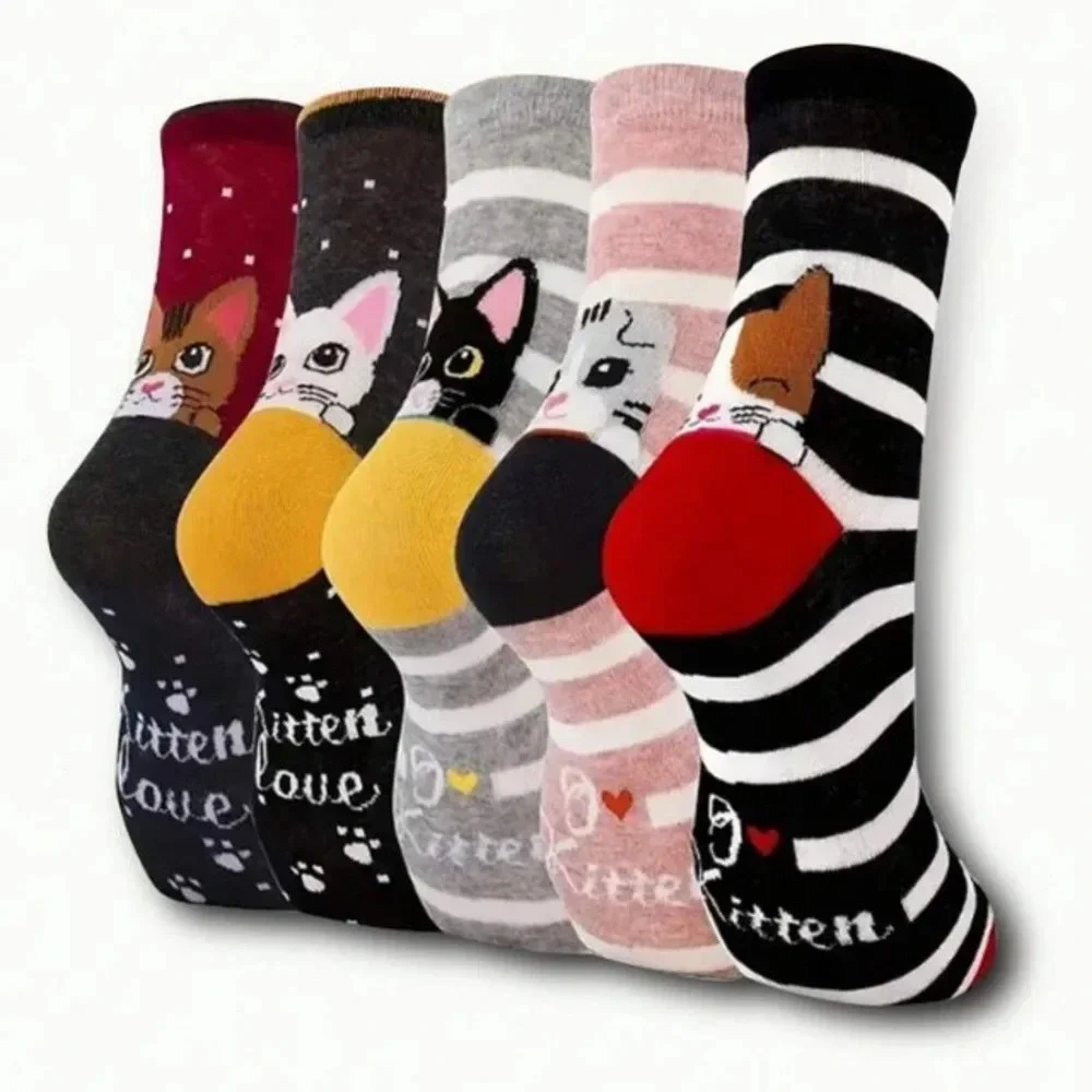 5 pair multicolored cute kitten crew socks activewear comfortable peekaboo cats